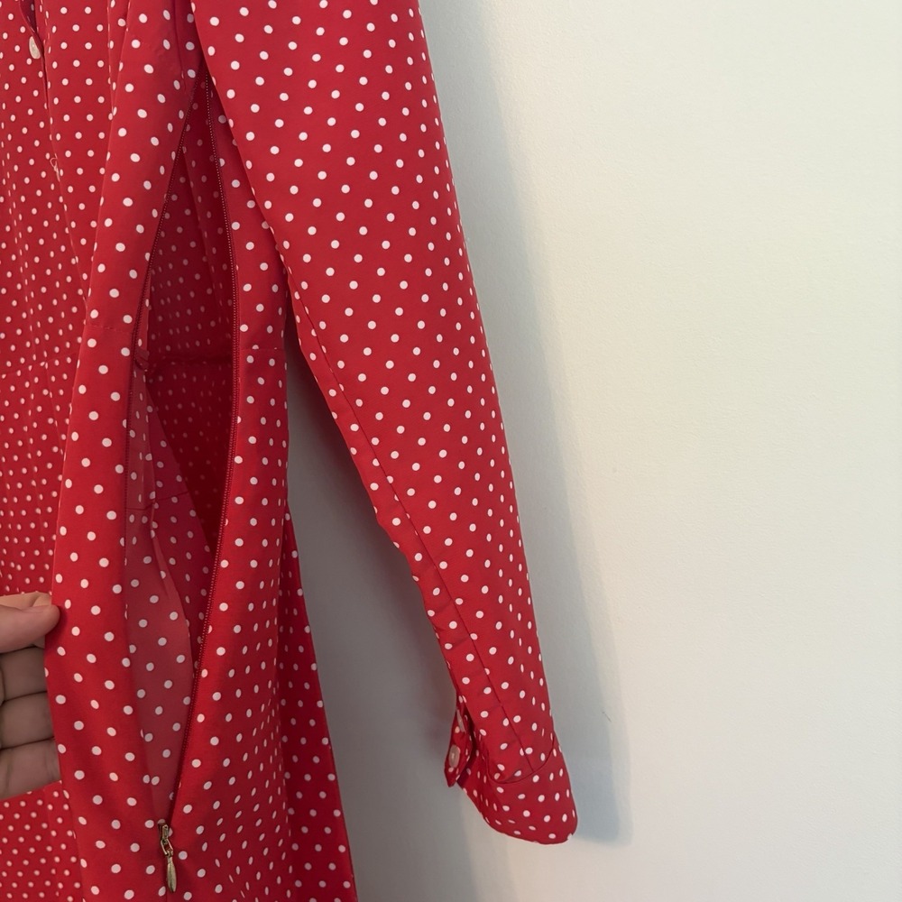 Draper James Midi Dress Sz 8 Red Polka Dot Longsleeve Pleats Retro Vintage Vibe - Picture 8 of 9
